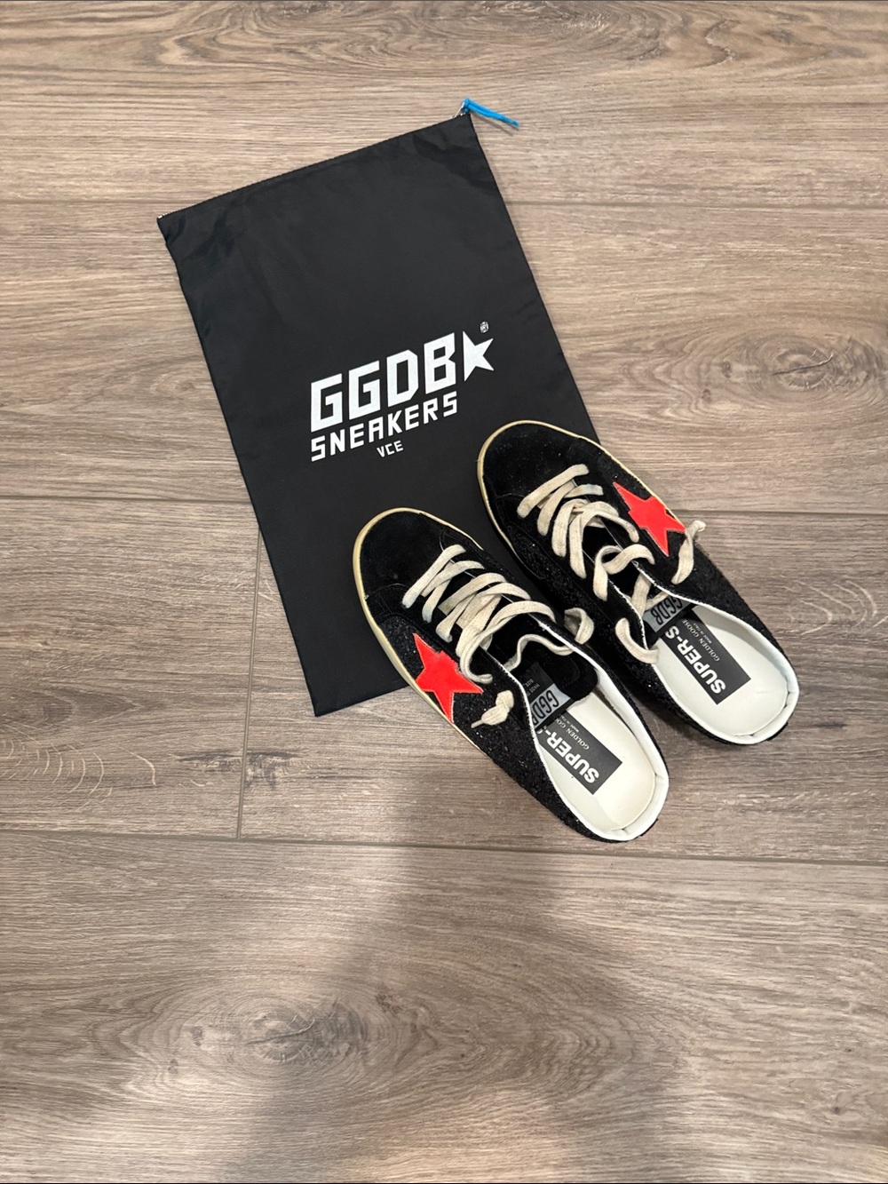 Golden Goose (Barely Worn) Slip On Black Suede w/ Glitter Sneakers w/ Red Star